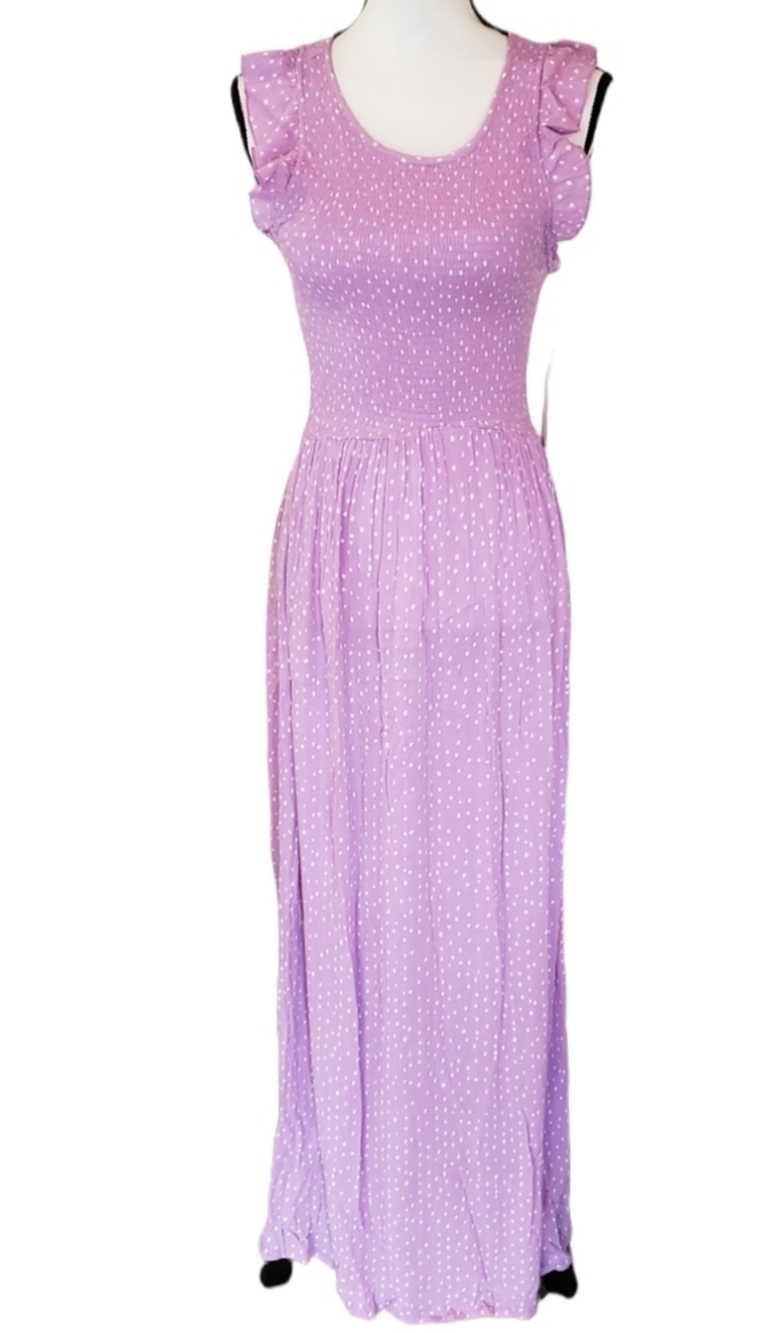 Aqua Smocked Violet Polka Dot Maxi Dress NEW